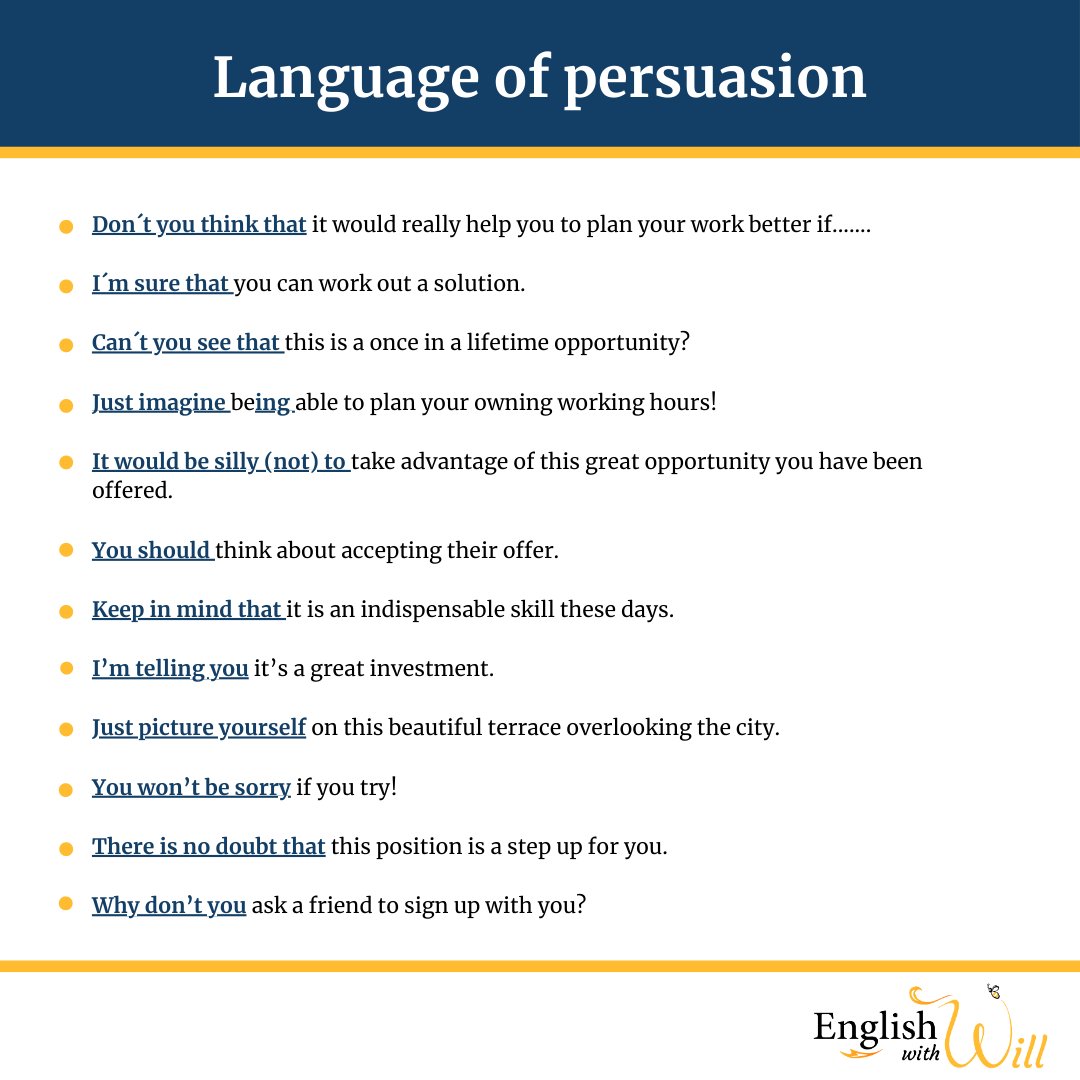 EnglishwithWill's tweet photo. Don´t tell people what to do. If you believe they should consider something different, convince them!

Here are a few little phrases of persuasion.

#english #businessenglish #businessenglishclass #businessenglishskills #learnenglish #learnenglishlanguage #englishteacher https://t.co/SGxRFeaajw