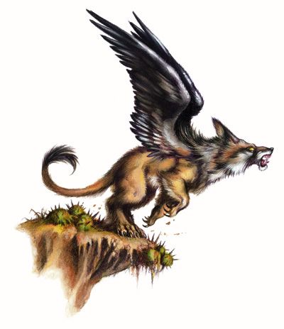 Chamrosh - A dog with eagle wings that gathers seeds of the soma tree shaken by the ascent of a roosting simurgh and distributing them all around the globe.