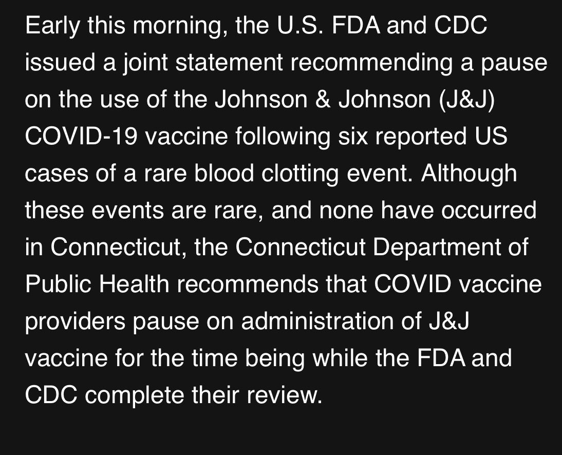 JennBNews's tweet photo. A statement from CT’s Dept. of Public Health on J and J vaccine. https://t.co/rQOM8RocuF