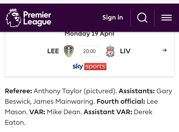 apopey's tweet photo. Cheshire referee Anthony Taylor takes charge of his 5th #lufc PL game this season for the visit of Liverpool.
He was in the middle for wins at home to Fulham &amp; away at Newcastle, the 0-0 draw with Arsenal at ER plus the defeat at Man Utd. https://t.co/OHaYKcVXYx