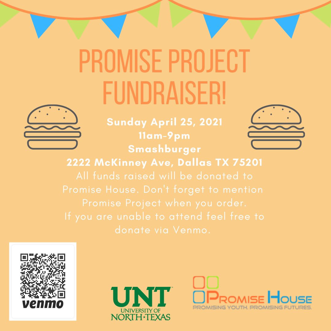 UNTpromise's tweet photo. Hello friends and followers‼️
Promise Project is ecstatic to announce our next fundraiser!🎉
On April 25th from 11am until 9pm we will be hosting an event at Smashburger in Dallas, TX. (see flyer for more info.) We hope to see y’all there.💚💙🧡 Thanks for your continued support. https://t.co/lQsDUcveHJ