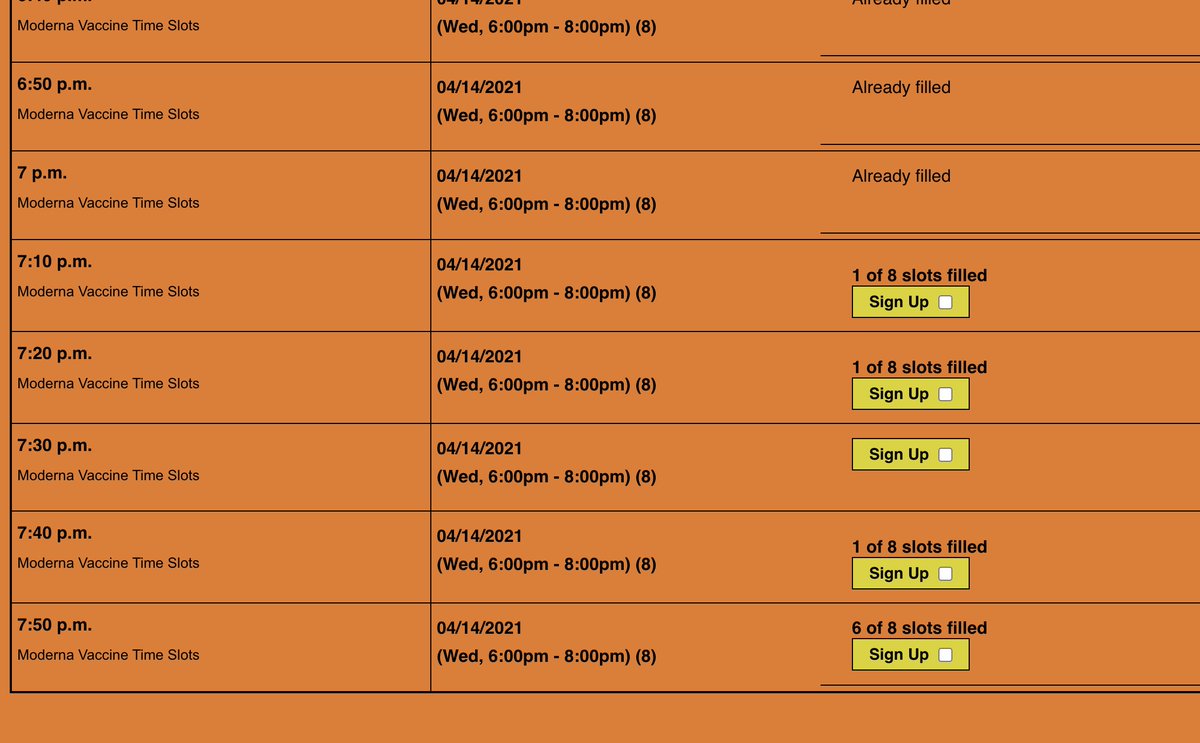 Here are the slots left (as of 8:35 a.m.) for tomorrow's vaccination event. Let's fill this sucker up!