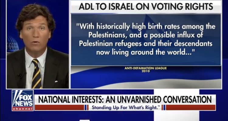 BenLorber8's tweet photo. For white nationalists, Jews engineer white replacement through a quintessentially duplicitous sleight of hand- demanding open borders for the West &amp; refusing ‘open borders for Israel’. That’s Tucker’s logic here, using ADL as stand-in for ‘Jew’- also common on the radical Right https://t.co/NiQQn5dB27
