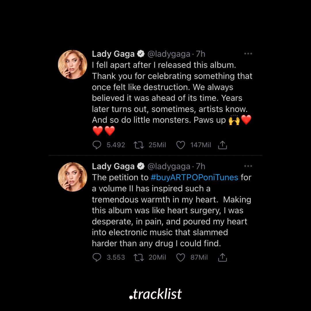tracklist's tweet photo. Com o álbum “ARTPOP” alcançando o #1 no ITunes em 19 países e o #2 na plataforma dos EUA, Lady Gaga falou sobre o disco: “Obrigado por celebrar algo que antes parecia destruição. Sempre acreditamos que ele estava à frente do seu tempo” 

Apoiam uma parte II do hinário? https://t.co/Xetosk2gmH
