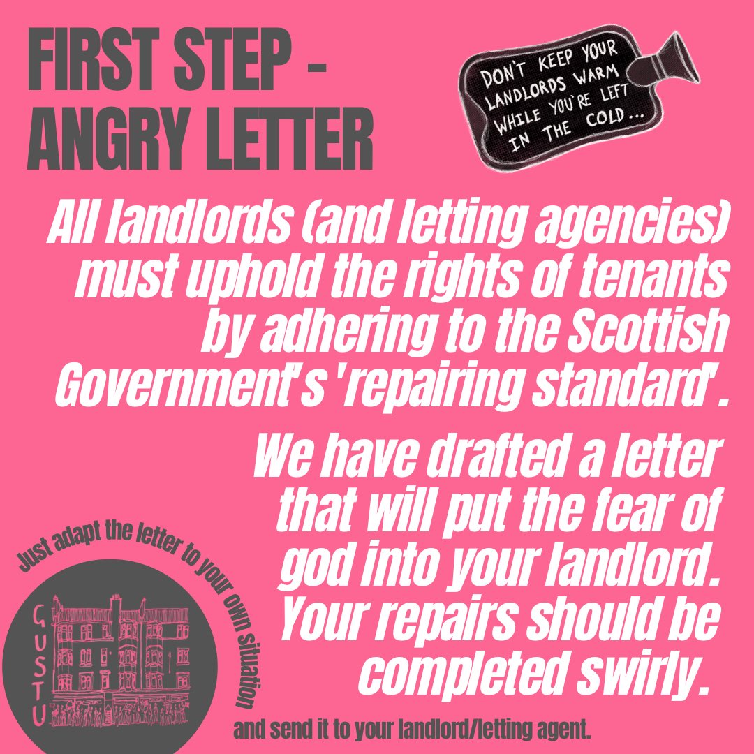 GUSTUnion's tweet photo. Your basic right to a well maintained home is written into Scottish law. It falls upon landlords to uphold reasonable living standards. When they don’t, it’s our responsibility to help you fight for your rights! This is how to get your reluctant landlord to carry out repairs. ✊ https://t.co/GRCTP4YMrc