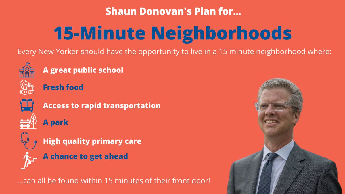 Every New Yorker deserves to have everything they need to live a high quality life within 15 minutes of their front door! As Mayor, I will ensure that every New Yorker lives in a 15 minute neighborhood!

#70PlansforNYC