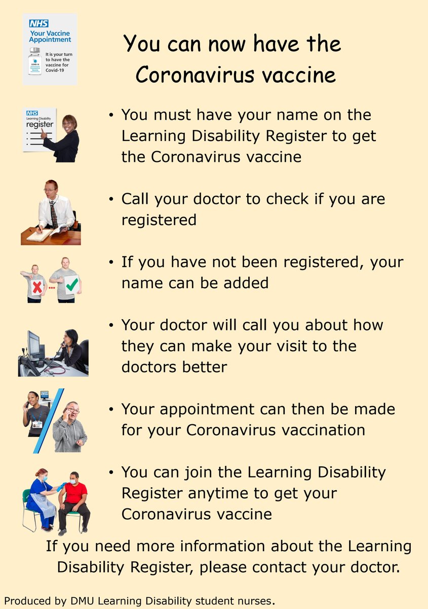 Some of our brilliant first year #LearningDisabilityNursing students have been working on producing an accessible poster for people with #learningdisabilities to raise awareness of the #COVID19 #vaccination 
Please share so we can get their hard work out there making a difference