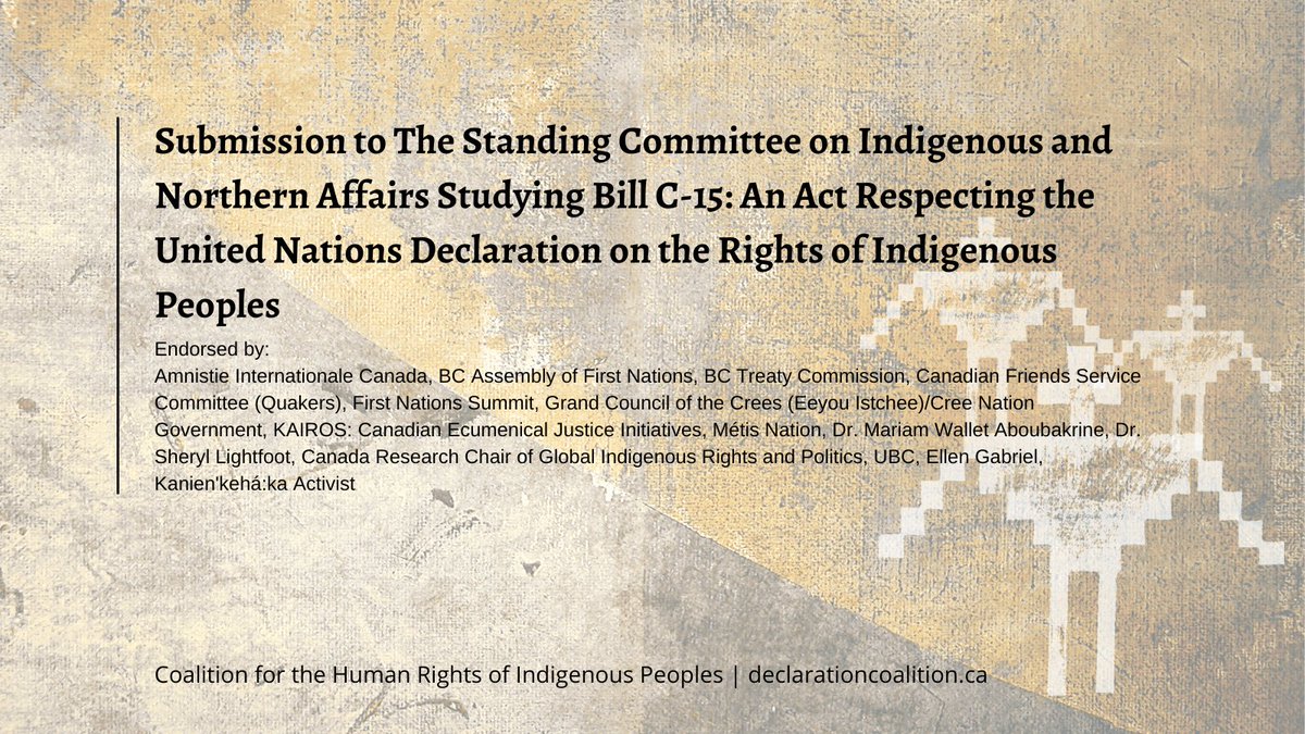 Coalition for the Human Rights of Indigenous Peoples Submission to The Standing Committee on Indigenous and Northern Affairs Studying Bill C-15. bit.ly/3mKkHAc 

@AmnestyNow @BCAFN @BCTreaty @FNSummit  @gcccra @kairoscanada @MNC_tweets @sheryllightfoot @EllenGabriel1