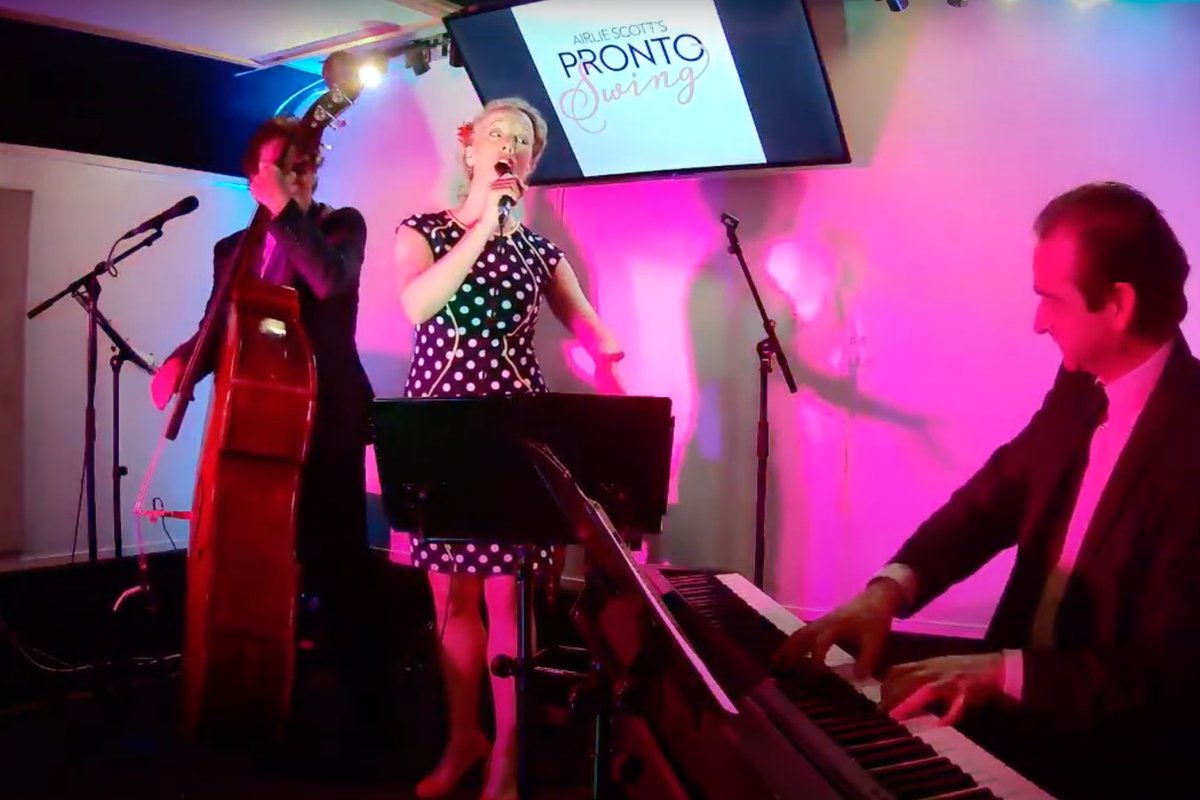 ProntoSwing's tweet photo. We had so much fun on Sunday with our livestream gig! Many thanks all our wonderful viewers but also especially to @kingofcocktail @sanctuarystudios_ @DeepRadioLondon @AirlieScott and Terry Davis on bass #livestreamgig #cantwaitforthenextone https://t.co/IK91VKpgV9