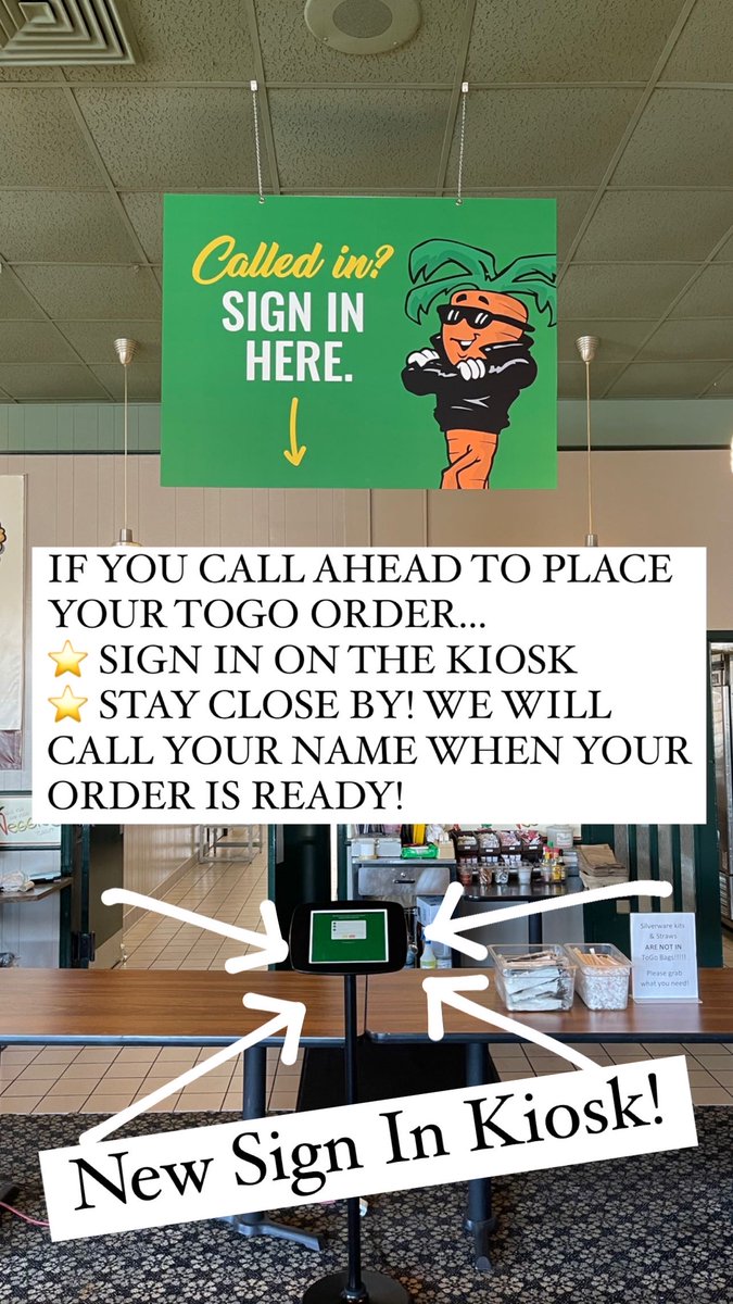 WadesRestaurant's tweet photo. Since we no longer have attendants outside, come inside to pick up your call-in ToGo order and look for the sign in kiosk! Sign in yourself or ask a team member to help you! • • • OR you can always order online at https://t.co/cjIGF8mhJV and pick up your order from the racks! https://t.co/1lW3ZSZ5I2