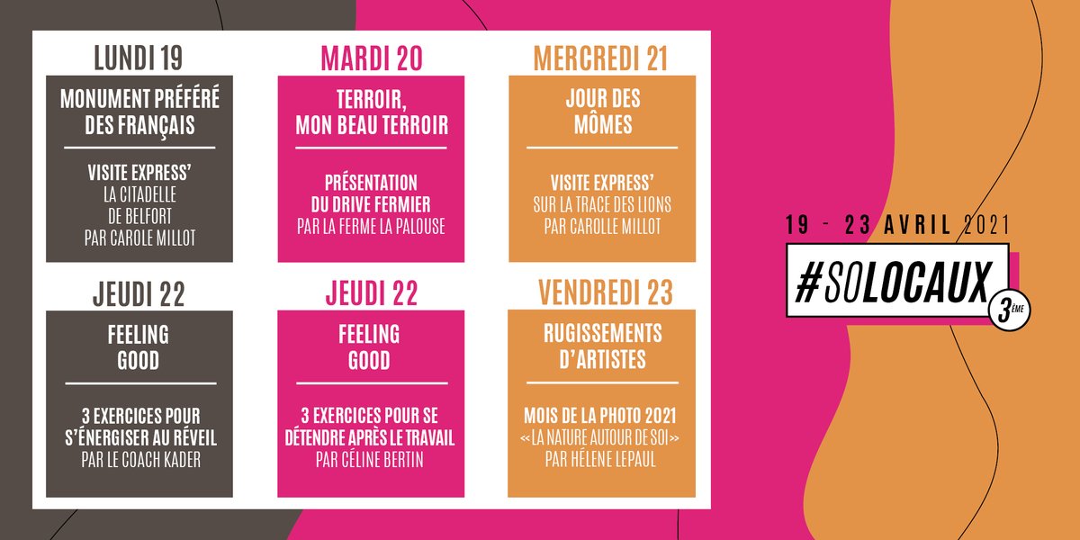La semaine prochaine on passe en mode #SoLocaux ! 🎊
Retrouvez nos vidéos sur IGTV et sur notre page Facebook. 📲
Découvrez le programme ⬇️⬇️⬇️