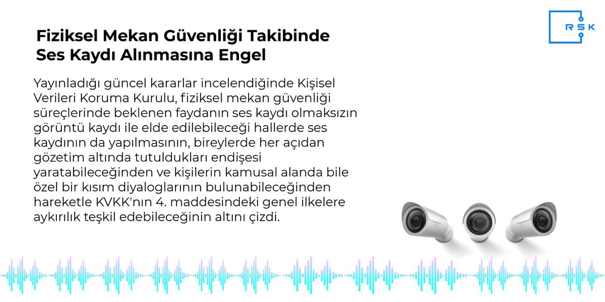 rskveri's tweet photo. Fiziksel mekan güvenliği süreçlerinde ses kaydının yapılmasının, bireylerde her açıdan gözetim altında tutuldukları endişesi yaratabileceğinden ve kişilerin kamusal alanda bile özel bir kısım diyaloglarının bulunabileceğinden KVKK'nın 4. maddesine aykırılık teşkil etmektedir. https://t.co/MoA03QXm3w