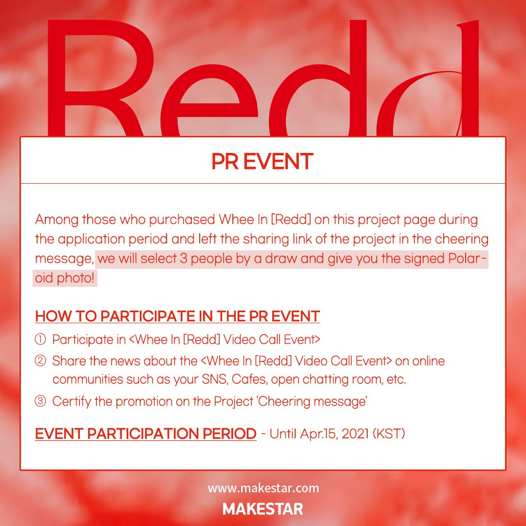 Makestarcorp's tweet photo. #휘인 [Redd] Video Call Event OPEN!
#WheeIn #1st_Mini_Album #Redd

😍휘인과의 영상통화
😍응모자 전원 셀카 포토카드 증정
😍당첨자 중 15명 추첨 폴라로이드 증정
😍홍보이벤트 당첨자 사인 폴라로이드 증정

🗓️21.04.13~21.04.15 (KST)
🔗https://t.co/OYB8DTKPSg https://t.co/tEtAfVHp6L
