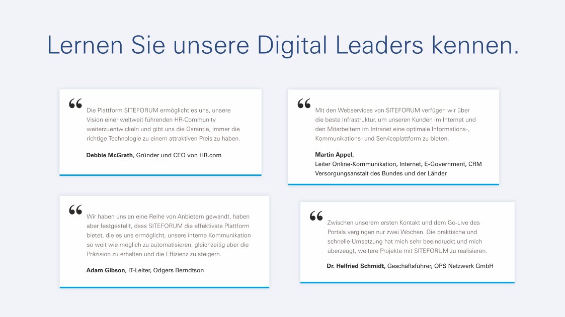 Lernen Sie unsere Digital Leaders kennen - Digitalen Prototypen anfordern:
Die #SITEFORUM Digitalisierungsplattform enthält eine Vielzahl der funktionalen und technischen Voraussetzungen zur Umsetzung Ihrer digitalen Strategie. Out of the box.
#Digitalisierung #DigitaleStrategie