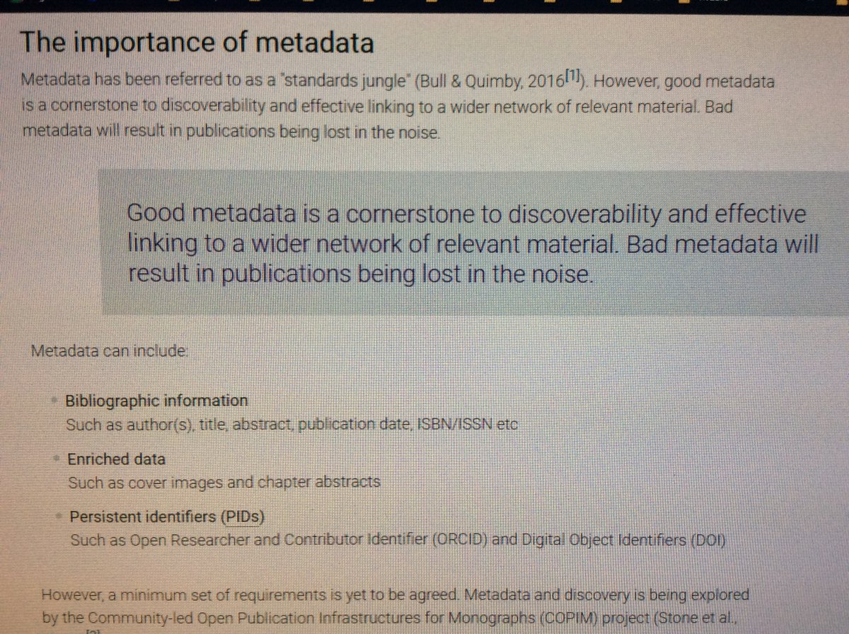 #Uksg2021 the @Jisc #OAbooksToolkit highlights the importance of good metadata as the cornerstone to discoverability and effective linking. A minimum set of requirements is yet to be agreed, among which identifiers #PIDs like #ISSN and #ISBN.