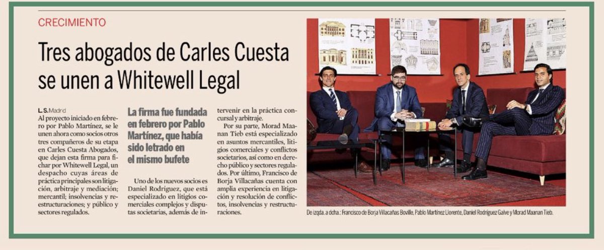 🗣 Ahora en Expansión | Daniel Rodríguez Galve, Borja Villacañas y Morad Maanan se incorporan a <a href="/WhitewellLegal/">Whitewell •</a>, junto a Pablo Martínez Llorente.

______

It’s not just about Law. 

#NewLaw #Business #13Abril