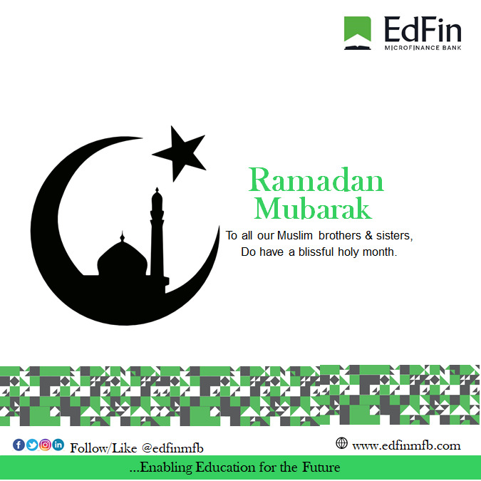 EDFINMFB's tweet photo. May Allah bless you in this holy month of Ramadan Mubarak and may this holy month bring you and your loved ones, hope, peace and joy that pass all understanding.

Ramadan Mubarak from us all at EdFin Microfinance Bank.

#edfinmfb 

EdFin MfB 
Enabling Education for the Future… https://t.co/2uLmBhr0Lu