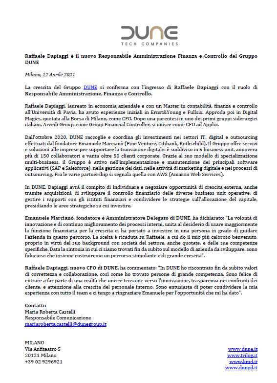 Raffaele Dapiaggi è il nuovo Responsabile Amministrazione Finanza e Controllo del Gruppo DUNE