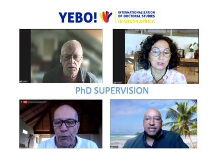 YEBOProject's tweet photo. Day 2 of #YEBOConference is focusing of #supervision of #PhD! Thanks to our outstanding panelists Prof. Edwin Constable (@UniBasel_en &amp; @EUACDE), Dr. Gaëlle Ramon (@UCT_news), Prof. Johannes Cronje @CPUT) and Prof. Mario Smith (@UWConline) for the insightful talks. https://t.co/QjPVUXjAMM