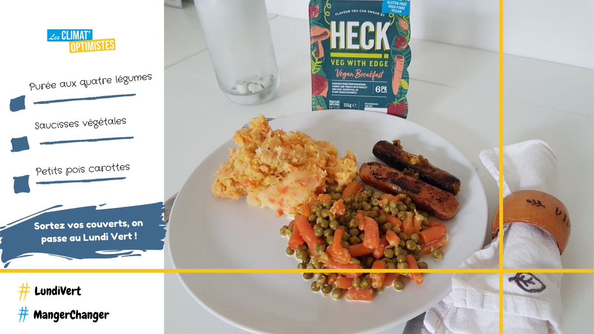 🥕 Purée aux quatre légumes 
🥕 Saucisses végétales 
🥕 Petits pois carottes
🍽️ Sortez vos couverts, on passe au #LundiVert! 🥗🌿🌏☀️ #MangerChanger #MeatFreeMonday #vegan #GlutenFree #DairyFree #bzh #FoodForChange