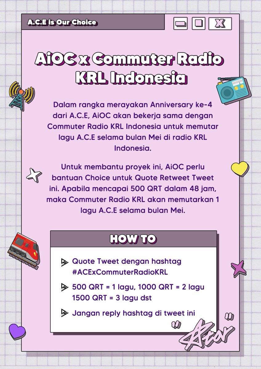 ACEisOurChoice's tweet photo. #4YearsWithACE - Perayaan 4 Tahun A.C.E ✨

Yuk quote tweet ini, tag @commuter_audio dan sertakan tagar #ACExCommuterRadioKRL! 

Jika quote mencapai nominal 500, maka akan diputarkan 1 lagu A.C.E selama bulan Mei 2021.

Peraturan dalam foto!
⏰ Deadline 48 jam ⏰

#ACE #에이스 https://t.co/JHfdU17qJ1