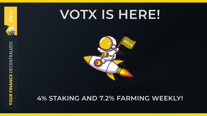 yesterday they launched their governance token  $VOTX and the staking pool was filled in few minutes, proving how the community feels comfy to send their money to this team as a full suite of DeFi products is coming this quarter   $YFD https://twitter.com/YFDecentralized/status/1381639509222232067
