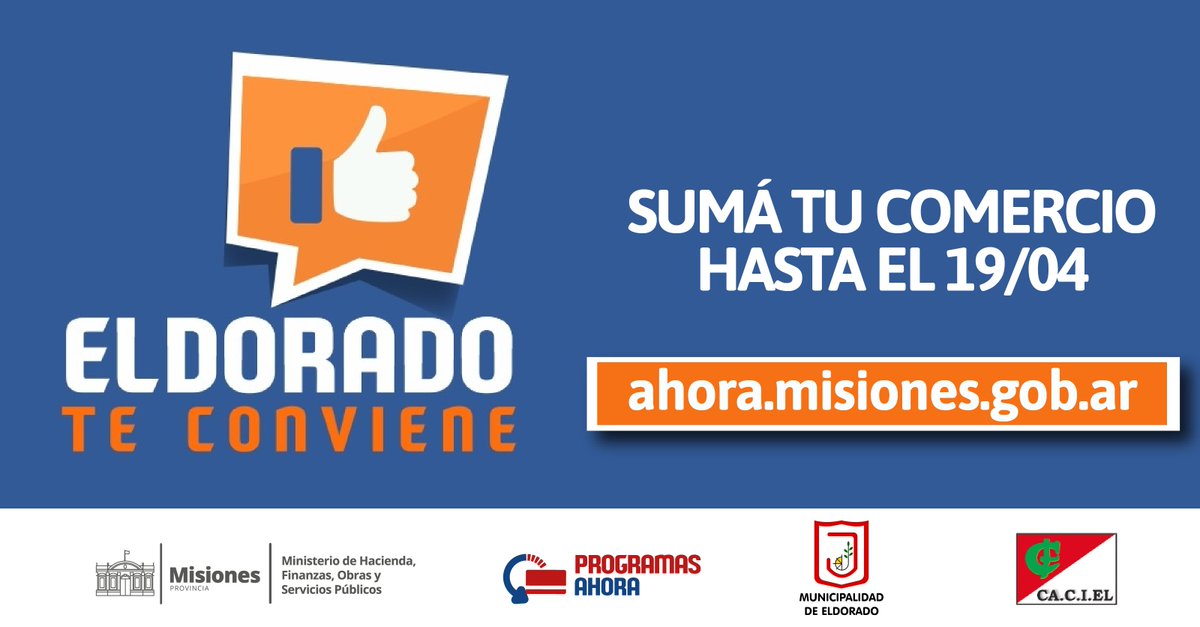 HASTA EL 19 DE ABRIL SIGUE ABIERTA LA INSCRIPCIÓN PARA QUE LOS COMERCIOS SE SUMEN AL PROGRAMA “ELDORADO TE CONVIENE”
 
Abro hilo 👇