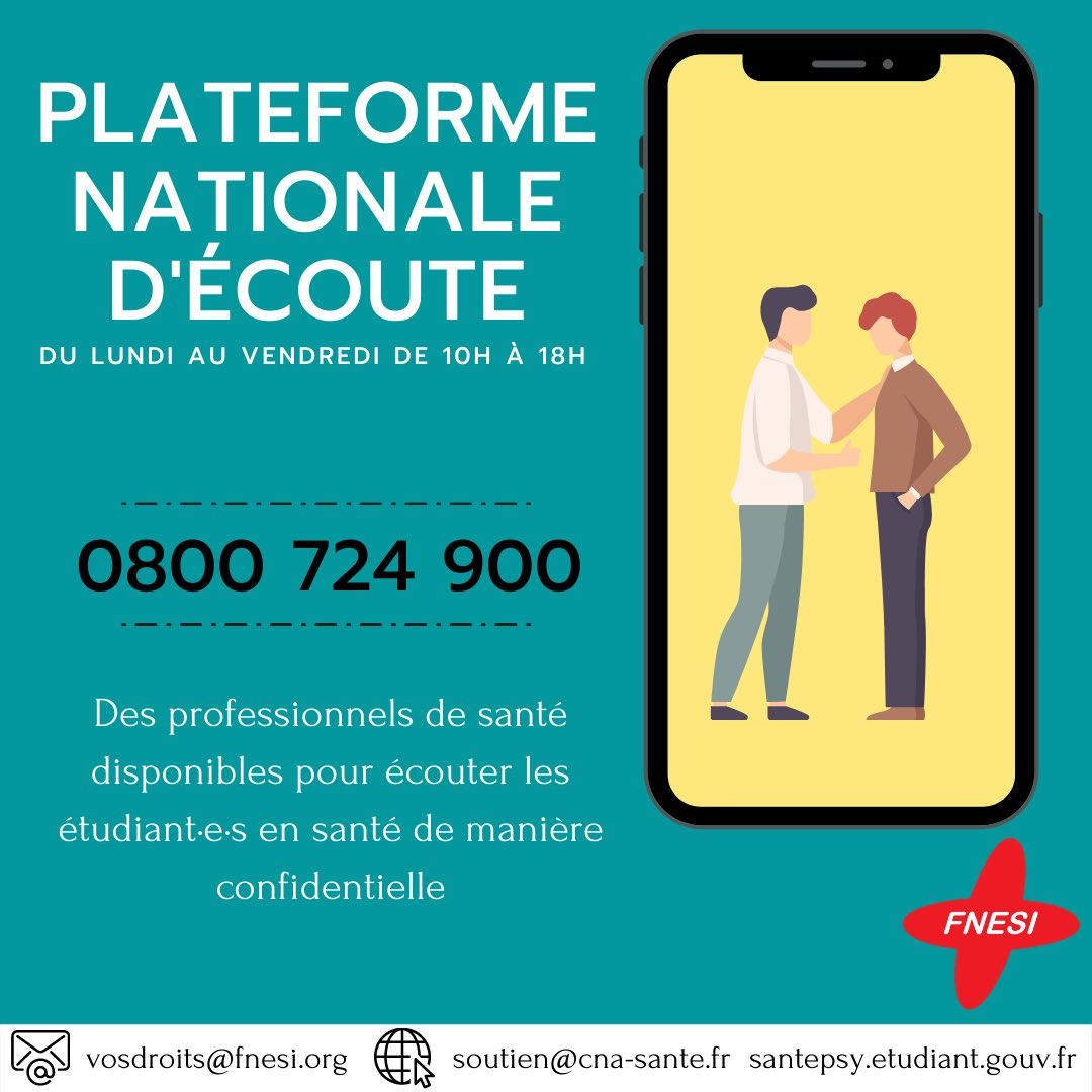 #BE | Le #CNA met en place une #plateforme d’écoute à destination de tous les #etudiants en #Sante. 
En ces temps de crises où les #ESI sont mobilisés en masse, cette plateforme va nous donner accès à un service d’aide gratuit pour nous accompagner.

#PronosticMentalEngage