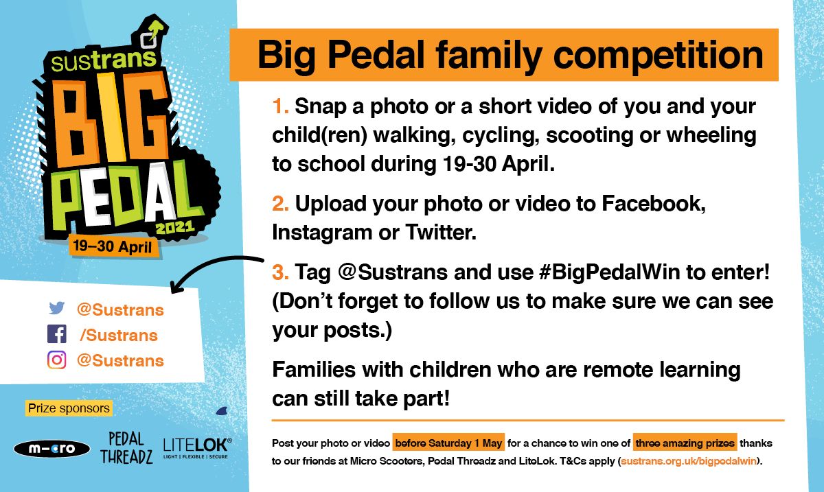 The Sustrans Big Pedal family competition is back! Snap a photo or video of you and your child(ren) on an active school journey between 19 – 30 April for the chance to win amazing prizes. Tag <a href="/Sustrans/">Sustrans</a> and use #BigPedalWin to enter. More info and t&amp;cs: sustrans.org.uk/our-blog/proje…
