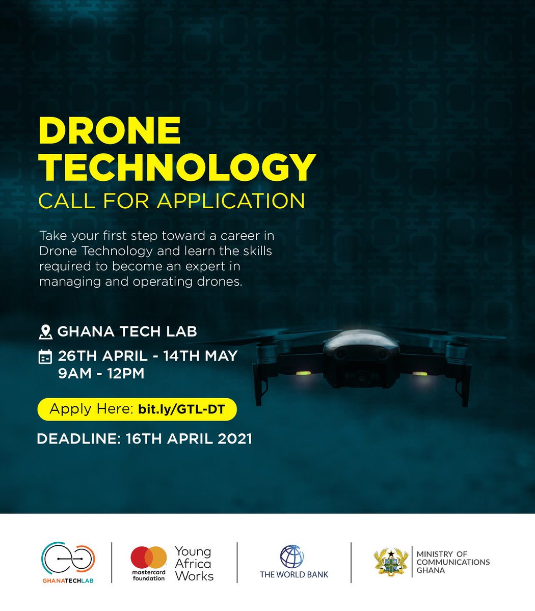 Call for Application

Drone Technology is needed in all sectors, and it is a great skill to have. Learn the basic skills required to manage and operate Drones. 

Apply here: bit.ly/GTL-DT to join the program. 

Deadline: 16th April 2021 

#GTLImpact
#DronesTechnology