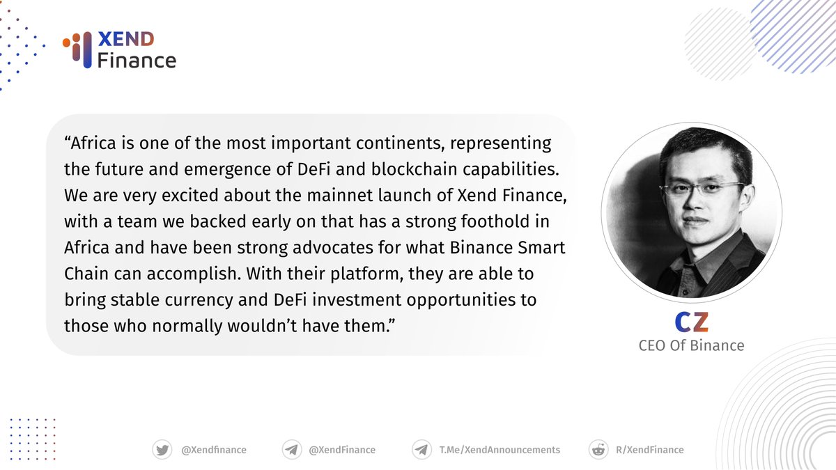 Xend Finance ($RWA) (@xendfinance) on Twitter photo As part of our series commemorating our mainnet launch, which was the first-ever #DeFi project launched out of Africa as well as the 1st #BinanceSmartChain -built project, we bring you our final supporter quote (following Google and Binance Africa).
Binance CEO <a href="/cz_binance/">CZ πΆ BNB</a> ππΎππΎ As part of our series commemorating our mainnet launch, which was the first-ever #DeFi project launched out of Africa as well as the 1st #BinanceSmartChain -built project, we bring you our final supporter quote (following Google and Binance Africa).
Binance CEO <a href="/cz_binance/">CZ πΆ BNB</a> ππΎππΎ