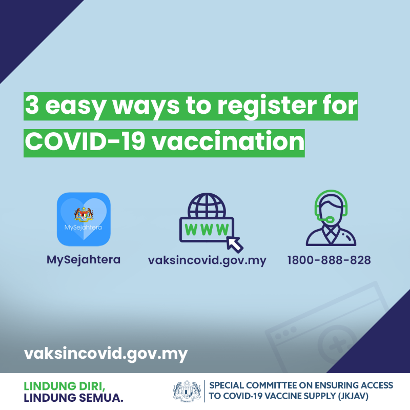 JKJAVMY's tweet photo. There are many ways to register for COVID-19 vaccination in Malaysia

https://t.co/QBmveQAwI1 at https://t.co/AXti3pV0JD

2.via MySejahtera app

3.National COVID-19 Vaccination Registration Line