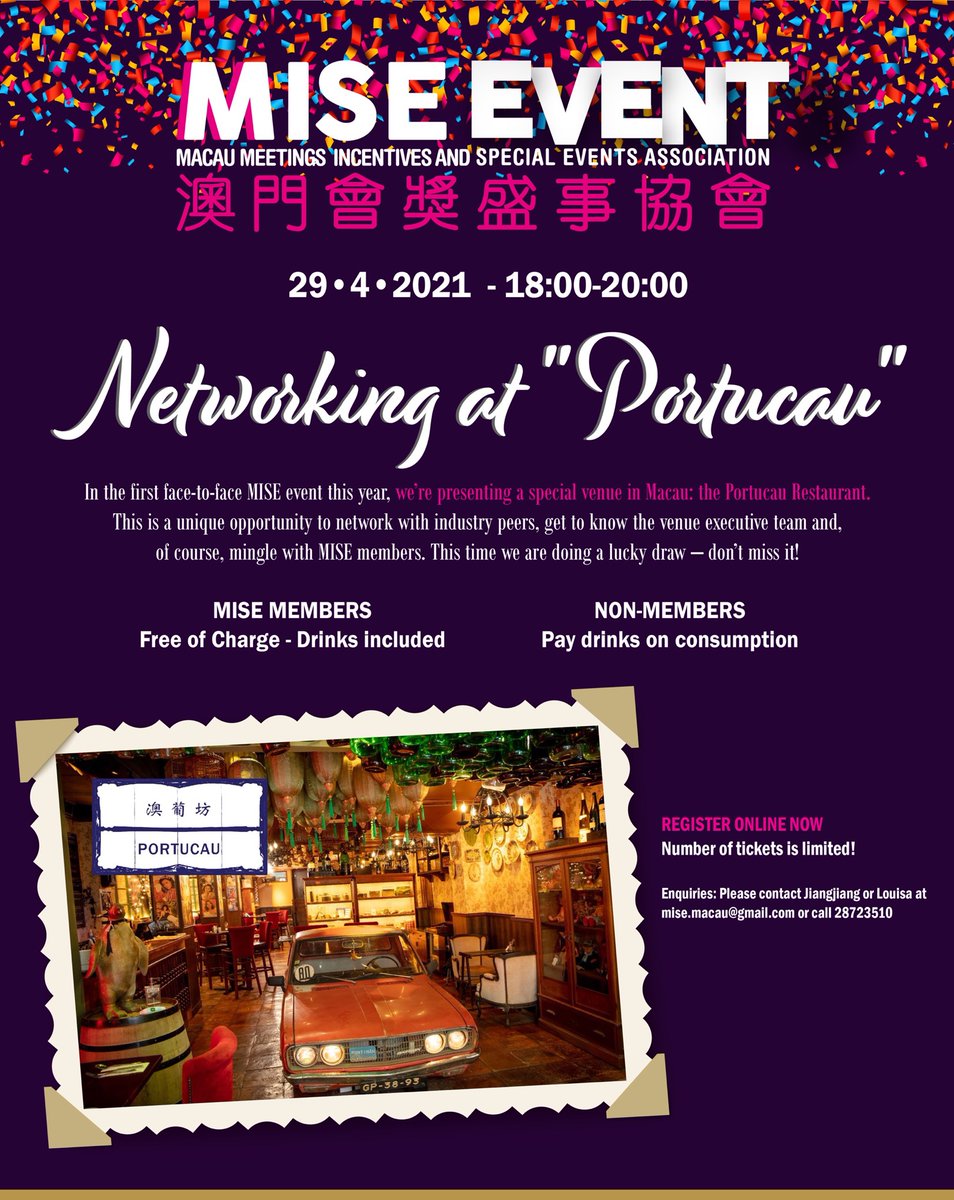 MISE Networking in "Portucau" 29th April 2021
REGISTER ONLINE NOW: eventbrite.com/.../mise-netwo…...
A unique opportunity to network with industry peers, get to know the venue executive team and, of course, mingle with MISE members.
This time we are doing a lucky draw – don’t miss it!