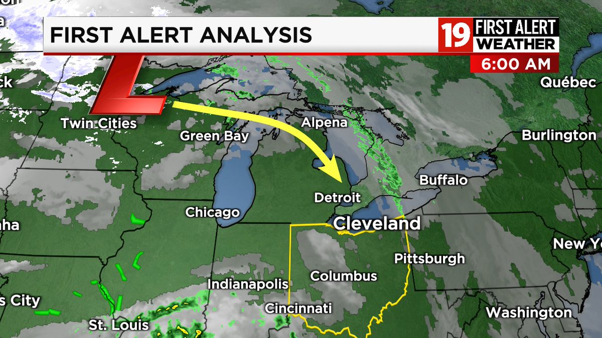 6:00 A.M. ANALYSIS:  Area of low pressure near Duluth, Minnesota.  This will slide east then southeast.  Chilly Thursday in northeast Ohio with showers.  https://t.co/ESQdTDSzb5 https://t.co/iDc6EhXIWB