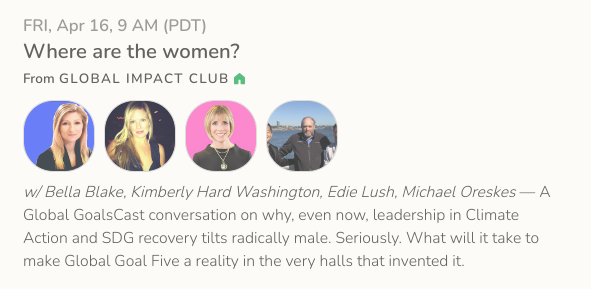 edielush's tweet photo. The @GlobalGoalsCast  team,is back on @joinClubhouse this Friday. Along with @MichaelOreskes @BellaBlake2401 @hard_kimberly and the @globalimpact21 team we will be talking about the role of women in leadership in #SDGs and #climatechange https://t.co/7LFsF81ZOw
