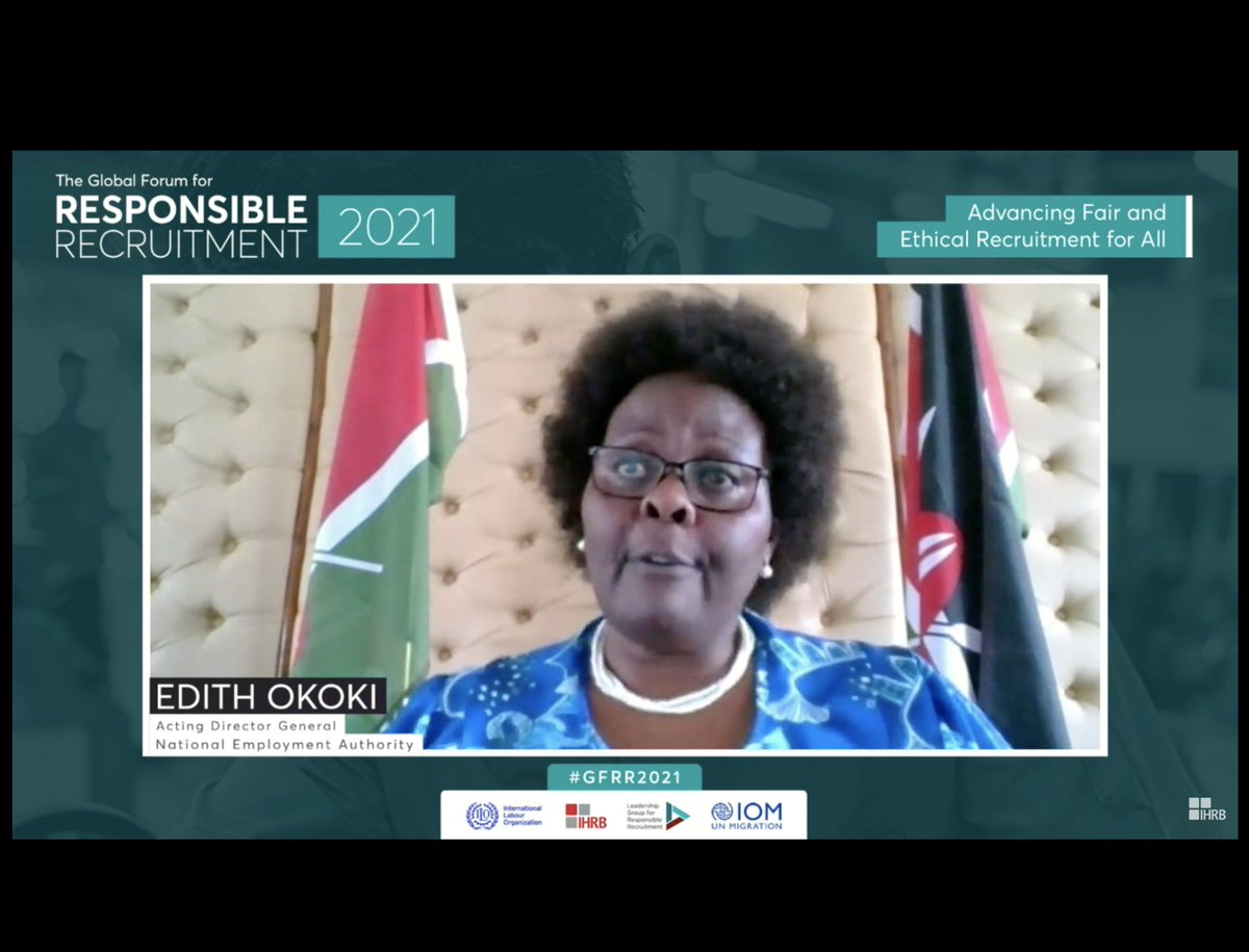 Insights from Ms. Edith Okoki on the steps taken to license and oversee recruiters in Kenya. Many lessons that can be learned from Kenya's experience! #GFRR2021 @IOMRONairobi <a href="/IRIS_programme/">IRIS</a>