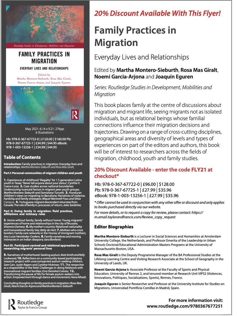 mifacy's tweet photo. We have good news! Our edited collection Family Practices in Migration is out! Discount available 👇(May 2021) @routledgebooks @IMISCOE #families @childhood #young #migrants Thank to all authors to join us to this adventure! https://t.co/5D2RlNyBye