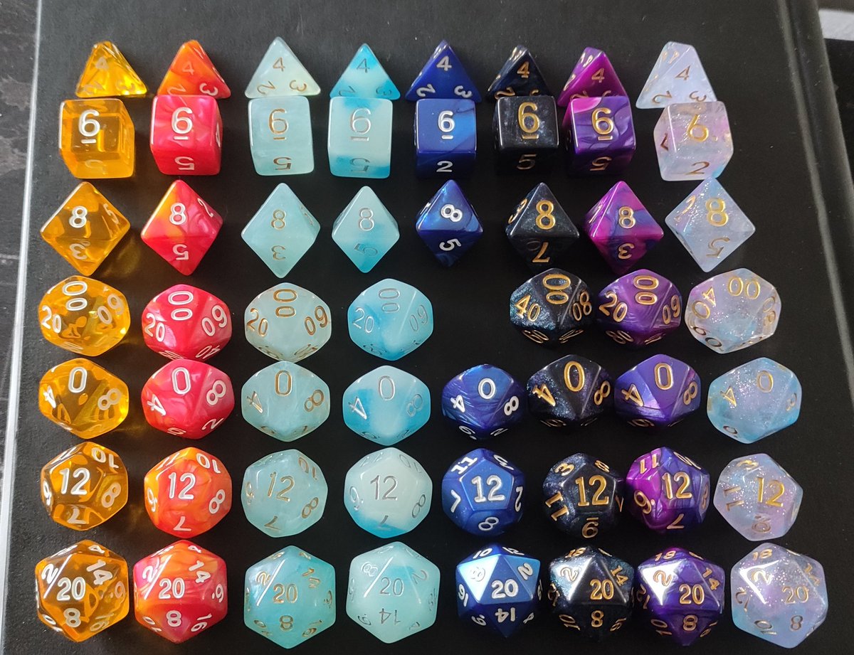 Lienwyn1's tweet photo. Got new dices in the mail today \o/
Ordered 4 more sets to add to ou collection. Now me and my husband just need to wait till the lockdown is over and we can play irl with our group :D
#DnD #dnddice #dungeonsanddragons https://t.co/hKQQv9VNlZ