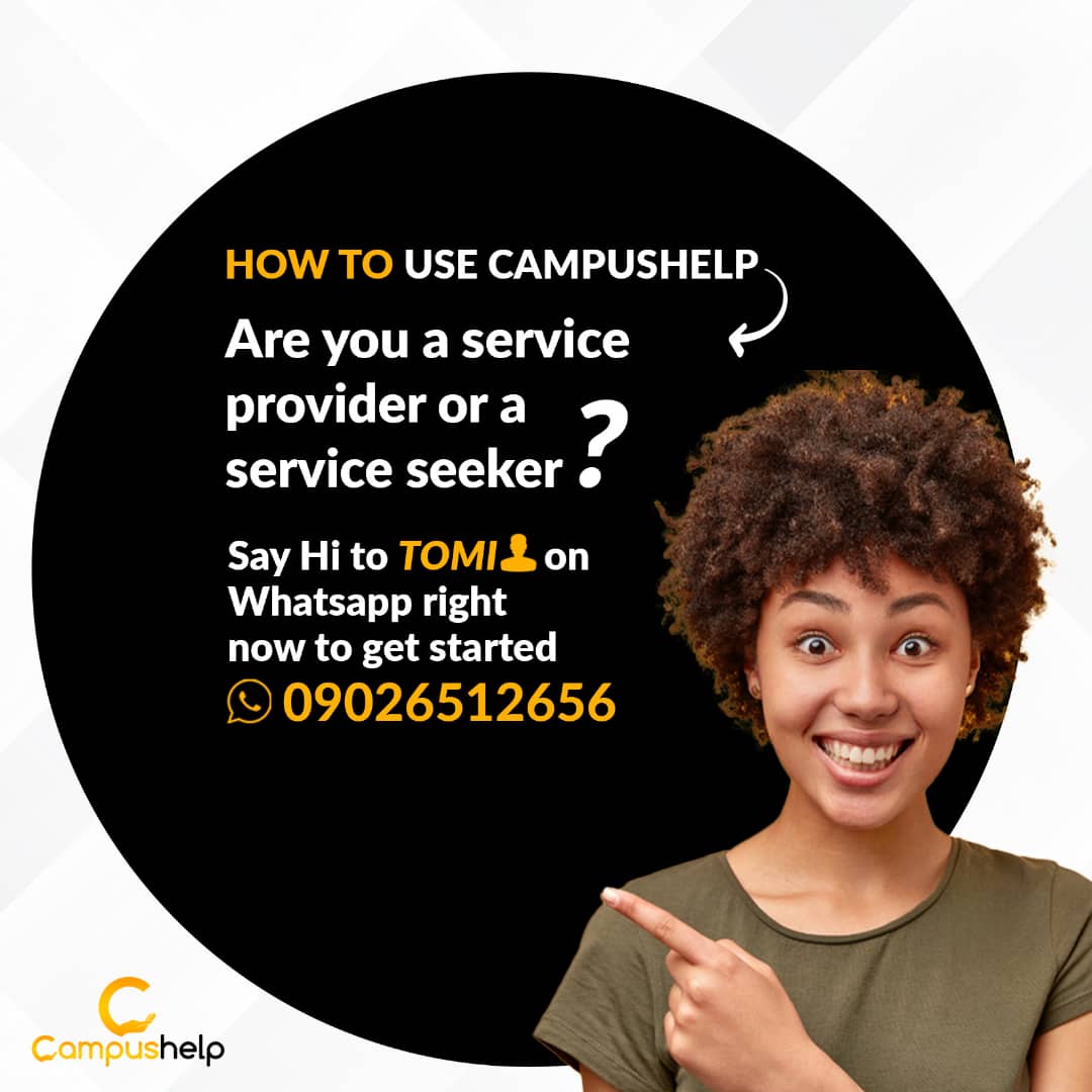 ellabarbie_'s tweet image. CampusHelp is a service listing system in Tasued i.e  on CampusHelp you can get Service Providers who can provide any service you want and also you can get Service seekers who would need your services on campus
Get started by sending Hi ;wa.link/3a5egc #campusHelp
