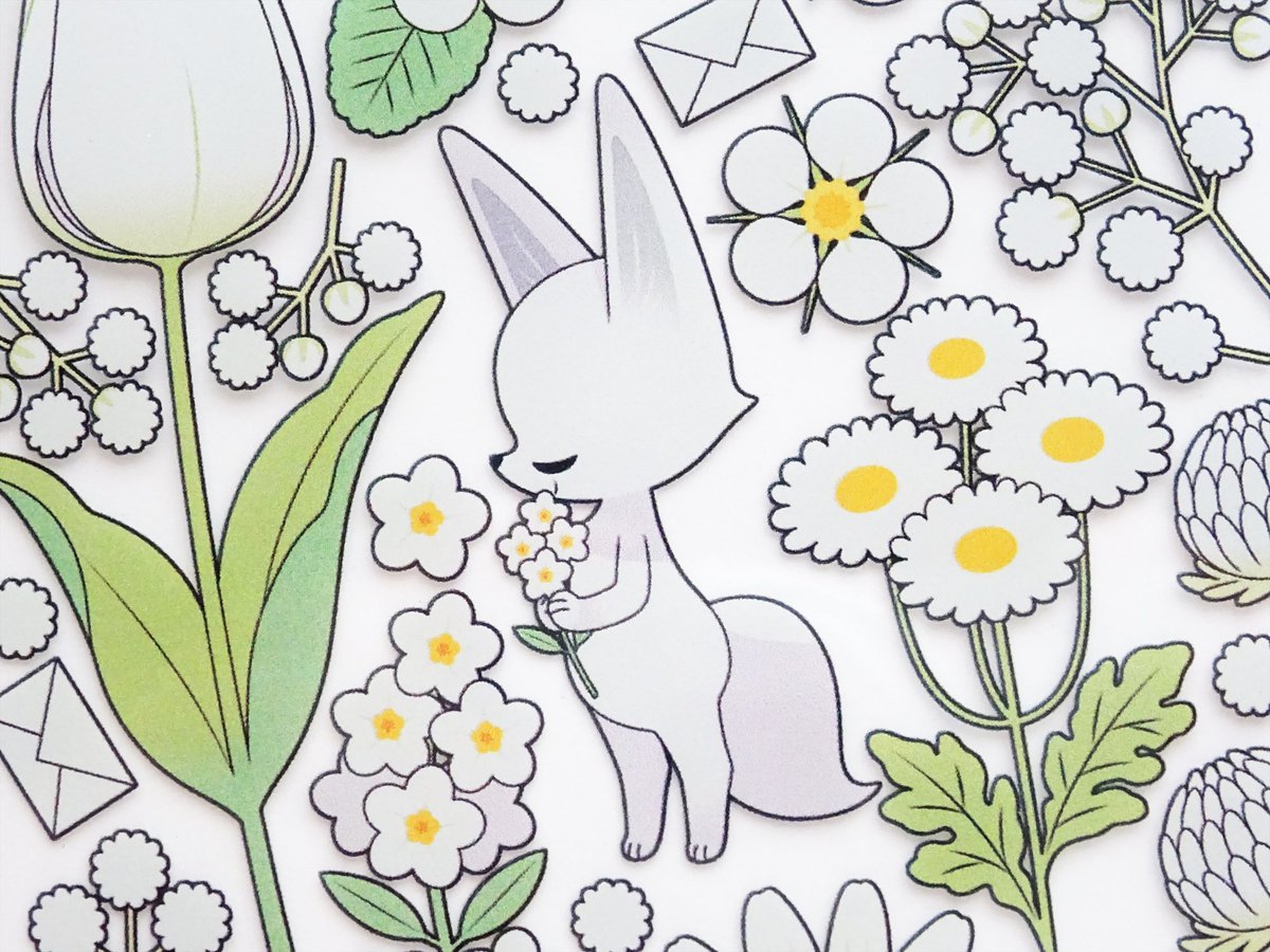 「「白い花が好きなキツネ」

大きめサイズのビニールキーリングを作りました?? #」|0313｜POPBOX／キツネ展／デザフェスのイラスト