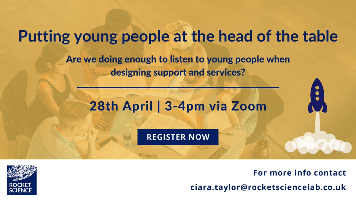 Rocket Science (@_rocketscience_) on Twitter photo Free webinar | 28 April
Join @DinaRocketSci and <a href="/CiaraRocketSci/">Ciara Taylor (she/her)</a> to discuss the benefits of putting young people at the heart of decision making. We'll share learning and effective ways to empower young people to create and shape services.
Register here eventbrite.co.uk/e/putting-youn… Free webinar | 28 April
Join @DinaRocketSci and <a href="/CiaraRocketSci/">Ciara Taylor (she/her)</a> to discuss the benefits of putting young people at the heart of decision making. We'll share learning and effective ways to empower young people to create and shape services.
Register here eventbrite.co.uk/e/putting-youn…