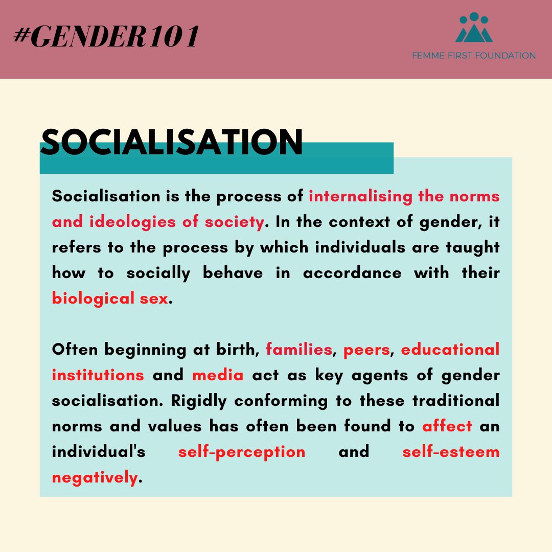 FemmeFirstF's tweet photo. Most gender expressions stem from socialisation. The societal norms, behaviours, values, and beliefs of group membership as men or women also lead to several stereotypes. 

#Gender101 #gendersocialisation https://t.co/IIxYBwRMZM