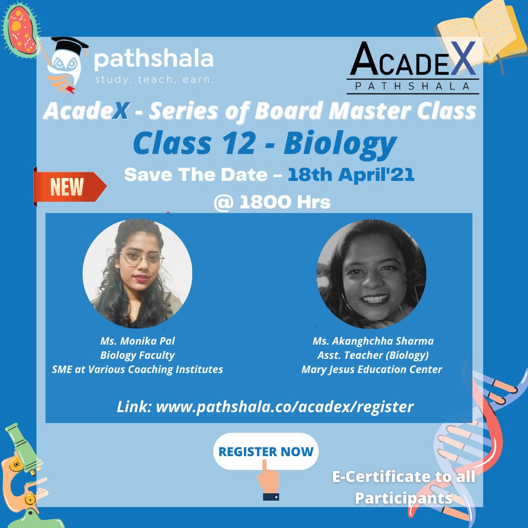 pathshalaonweb's tweet photo. Free Class 12 Biology- Live Master Class on AcadeX Series 
Topic : Tips, Tricks &amp; Keynotes to study for Board Exams
Speaker : Ms. Monika Pal, Biology Faculty, SME at Various Coaching Institutes.
Ms Akangchha Sharma, Assistant Teacher Biology, Mary Jesus Education Center
 #Acadex https://t.co/c1ZBU2hbNm