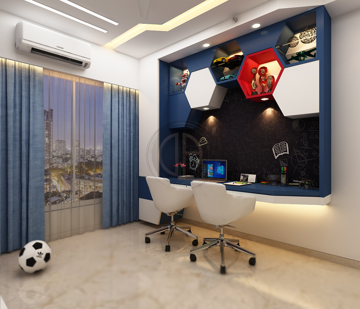 DesignAlly2's tweet photo. Gear up all you football fans!
Pentagon/hexagon is the primary shape that makes a football. The client being an Arsenal fan, glimpses of red, blue and white is used the most to create this space. Hexagons used to build the study space.
Residential Project
Location : Thane https://t.co/RfstdqzqaN