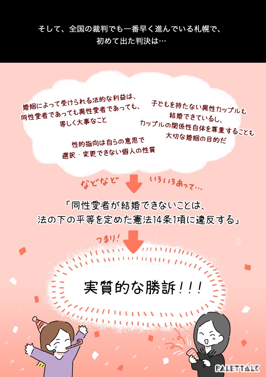 @marriage4all_ @keika_palettalk 同性婚訴訟、札幌地裁の違憲判決って、結局どういう意味?弁護士の先生に聞いてみた
#結婚の自由をすべての人に #札幌0317
#パレットーク

(音声データ読み上げが可能な代替テキスト入りの漫画はこちらになります) 