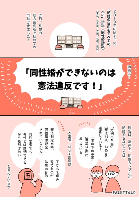   同性婚訴訟、札幌地裁の違憲判決って、結局どういう意味?弁護士の先生に聞いてみた#結婚の自由をすべての人に #札幌0317#パレットーク(音声データ読み上げが可能な代替テキスト入りの漫画はこちらになります) 