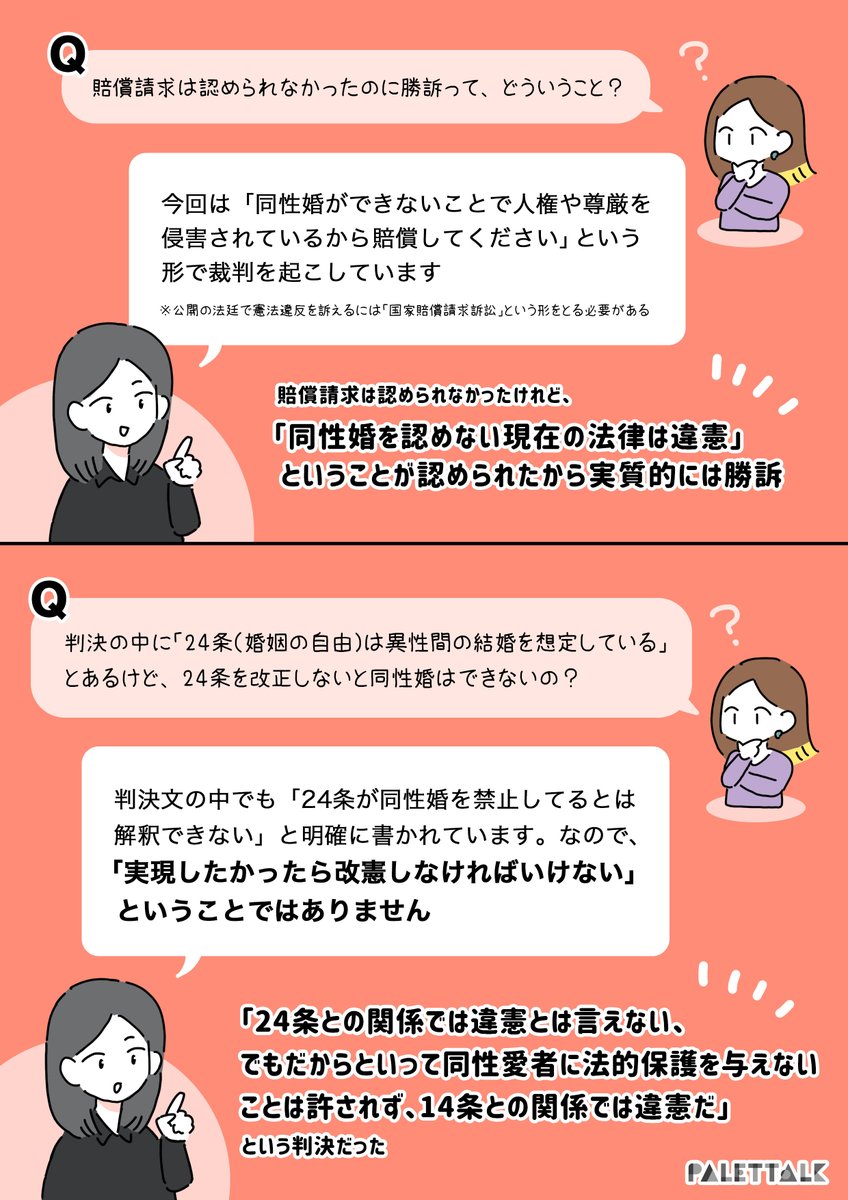 @marriage4all_ @keika_palettalk 同性婚訴訟、札幌地裁の違憲判決って、結局どういう意味?弁護士の先生に聞いてみた
#結婚の自由をすべての人に #札幌0317
#パレットーク

(音声データ読み上げが可能な代替テキスト入りの漫画はこちらになります) 