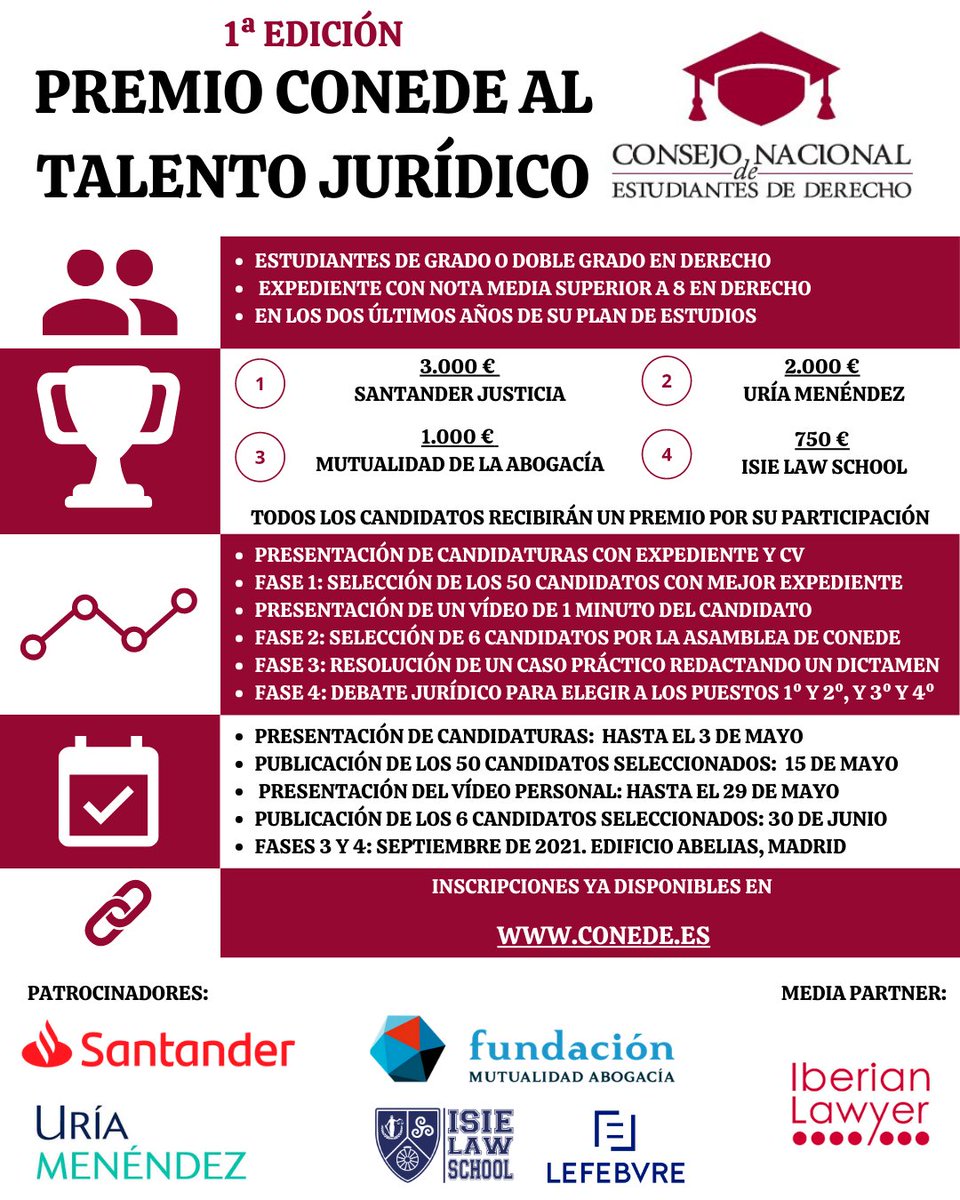 ¿Aún no conoces el Premio CONEDE al Talento Jurídico?

El plazo de inscripción 🗓️ está abierto hasta el 3 de mayo, y ya hemos recibido más de 1️⃣0️⃣0️⃣ candidaturas 😳

¡Si cumples los requisitos, inscríbete! 📝

Y, al igual que hacemos nosotros...
¡APUESTA SIEMPRE POR EL TALENTO!