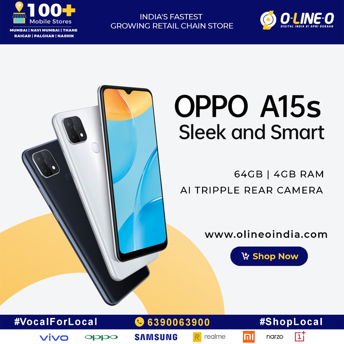 OPPO A15s' sleek build and triple rear camera, enhanced by AI gives you the confidence to live your best.

olineoindia.com
Buy Now : bit.ly/3g5qxea

#OppoIndia #Olineo #DigitalIndiaKiApniDukan #ContactlessDelivery #StayHomeStaySafe
 #Mumbai