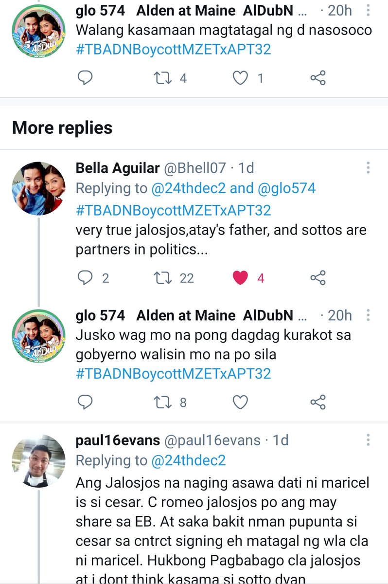  https://twitter.com/AxlLacey/status/1380455477557878785?s=19 But we know the EB/TAPE/APT/MZET gang w/ the help of GMA7 & ABS is too far gone in its quest to eliminate AlDub from the entertainment scene to use Maine & prop up AA's 2022 poll bid, promote the Bea-Den movie & A's TS w/ JCS.  #TBADNBoycottMZETxAPT37